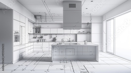 Miniature modern minimalist design kitchen with cupboards and furniture layout. The kitchen is empty and has a clean and elegant appearance