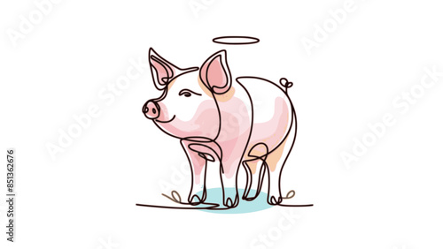 continuous line of a pig pastel color, isolated white background