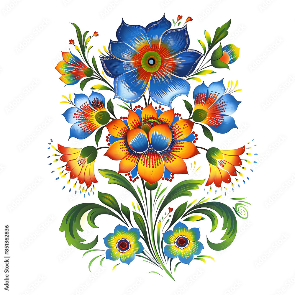 Naklejka premium Hungarian blue and orange folk Art Vector Flower and Floral Embroidery Design with New and Fresh illustration Simpl