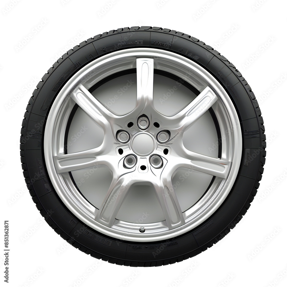 Silver car wheel with black tire on transparent background Silver car wheel with black tire on transparent background