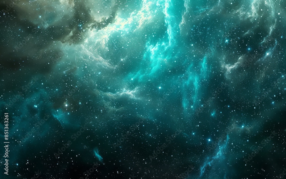 Obraz premium A beautiful galaxy background with stars and nebulae in blue green tones