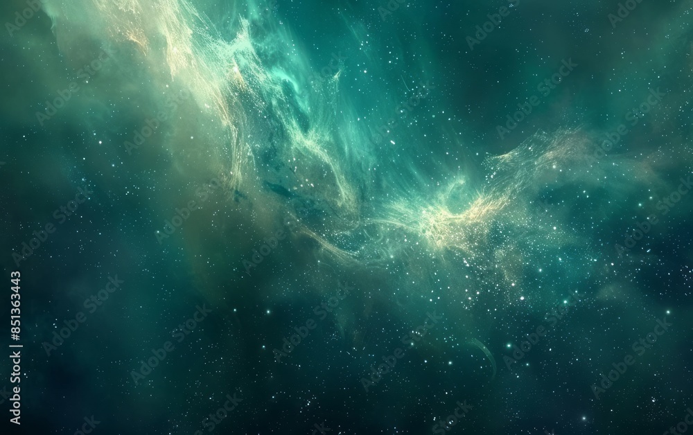 A beautiful galaxy background with stars and nebulae in blue green tones A beautiful galaxy background with stars and nebulae in blue green tones