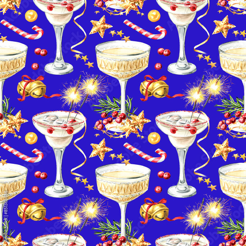 Christmas Festive drink with xmas decor, seamless pattern. Hand drawn watercolor illustration