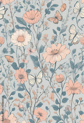 Wallpaper Mural Watercolor Floral Pattern With Butterflies On A Light Blue Background Torontodigital.ca