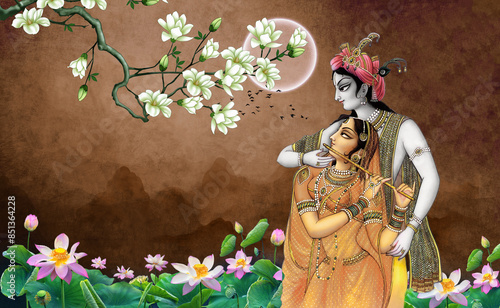 Fotografie Indian god radha krishna on texture background , floral branch with lotus flowers and water lily leaves , interior decoration wallpaper