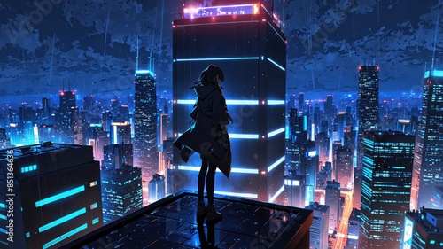 A stealth ninja standing on top of a building in a cyberpunk city full of skyscrapers and neon lights during the night rain.

