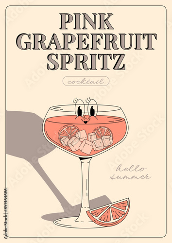 Groovy character pink grapefruit spritz. Retro summer poster with popular alcoholic cocktail. Vintage vector illustration in 70s, 80s style