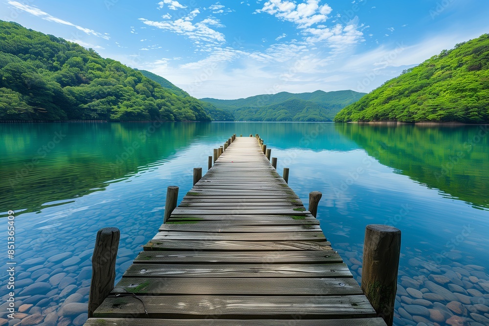 A wooden pier that leads to a turquoise lake with blue skies and white clouds,
The side of the lake is leafy and has various green shades, and stones can be seen under the clear and calm surface. A wooden pier that leads to a turquoise lake with blue skies and white clouds,
The side of the lake is leafy and has various green shades, and stones can be seen under the clear and calm surface.