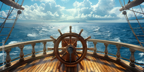 the ship's wheel of a pirate sailing vessel, gazing upon the expansive deck and vast open sea under the warm glow of a sunny day.