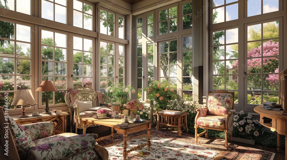 Fototapeta premium A sunroom with a charming country cottage feel, featuring wooden furniture, floral patterns, and large windows overlooking a blooming garden