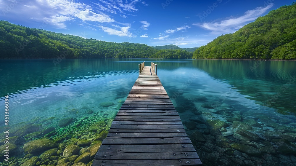 A wooden pier that leads to a turquoise lake with blue skies and white clouds,
The side of the lake is leafy and has various green shades, and stones can be seen under the clear and calm surface. A wooden pier that leads to a turquoise lake with blue skies and white clouds,
The side of the lake is leafy and has various green shades, and stones can be seen under the clear and calm surface.
