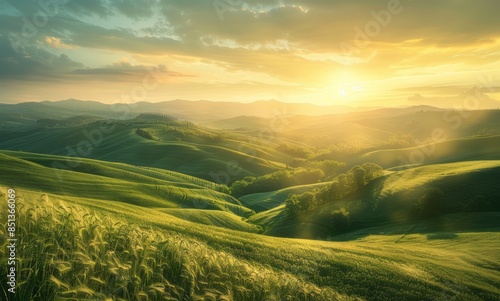 A beautiful sunrise over rolling green hills, symbolizing the new day and fresh start of the new year