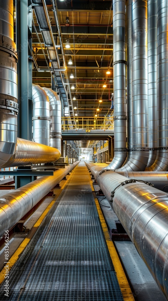 Industrial Metal Pipes In Facility showcasing a network of large, metallic pipes with a modern and high-tech atmosphere. Industrial Metal Pipes In Facility showcasing a network of large, metallic pipes with a modern and high-tech atmosphere.
