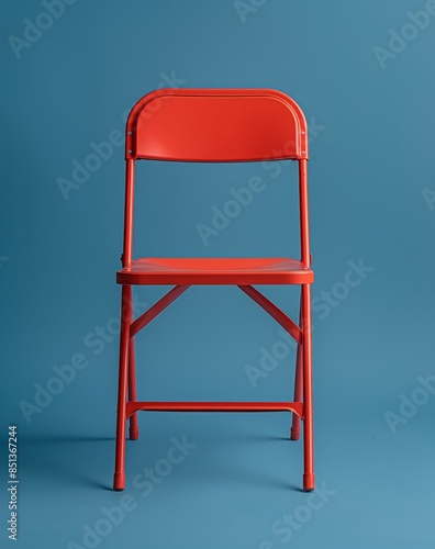 A single red folding chair placed against a blue background, highlighting its vibrant color and simple design.
