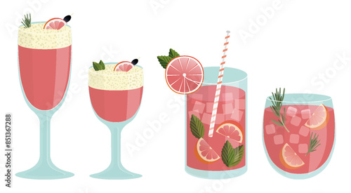 Set of red grapefruit cocktails in sour, collins, rolling tumbler glasses.  With mint, rosemary, ice, tube, fruit pieces. For bar, party, summer, beach.