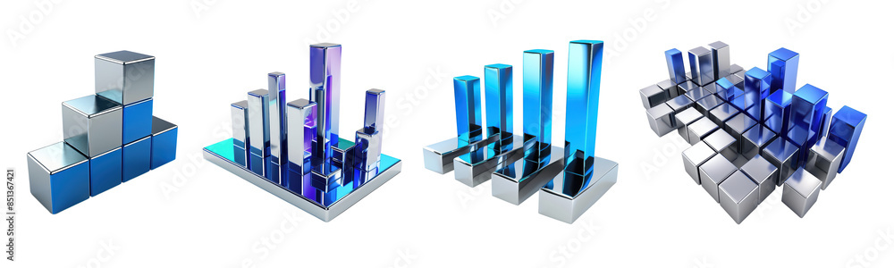 Fototapeta premium Abstract 3D Bar Graphs with Metallic and Blue Elements Representing Data Visualization and Business Analytics