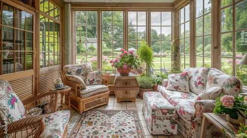 A sunroom with a charming country cottage feel, featuring wooden furniture, floral patterns, and large windows overlooking a blooming garden