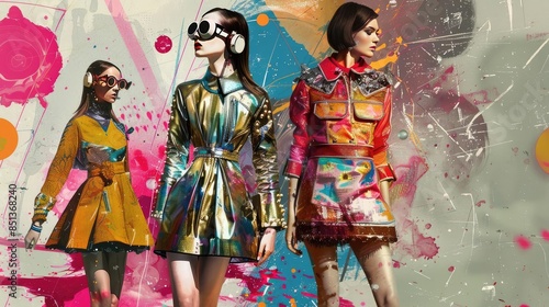 Futuristic fashion models in vibrant, avant-garde outfits set against a colorful, abstract background. Unique, creative, and eye-catching.