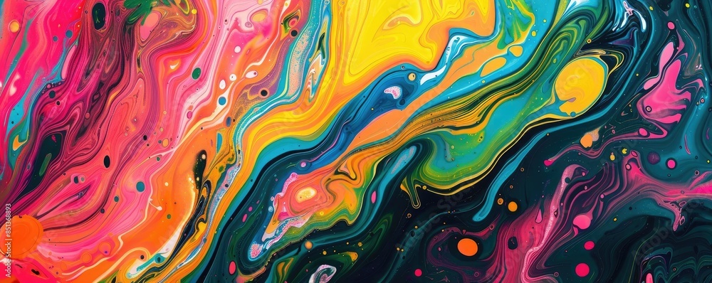 Vibrant abstract painting with flowing colors of yellow, pink, blue, and green creating an energetic and dynamic composition. Vibrant abstract painting with flowing colors of yellow, pink, blue, and green creating an energetic and dynamic composition.