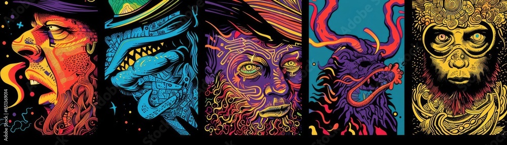 Vibrant psychedelic artwork featuring surreal, abstract faces and fantastical creatures in dynamic, colorful compositions. Vibrant psychedelic artwork featuring surreal, abstract faces and fantastical creatures in dynamic, colorful compositions.