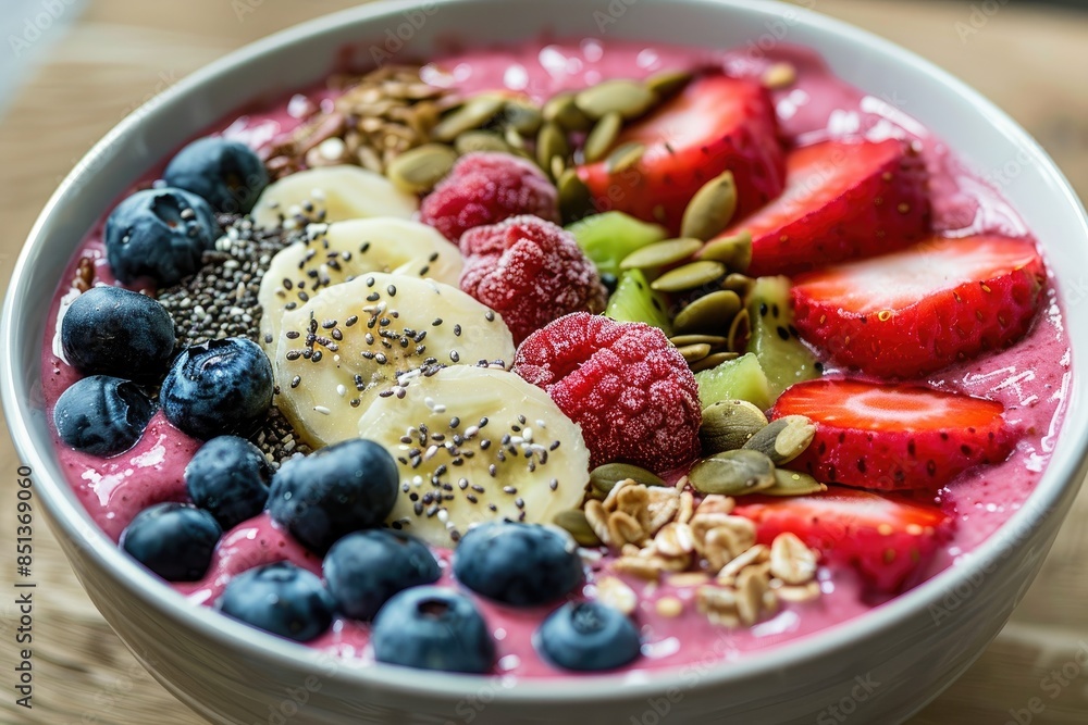 A smoothie bowl topped with fruits, nuts, and seeds A smoothie bowl topped with fruits, nuts, and seeds