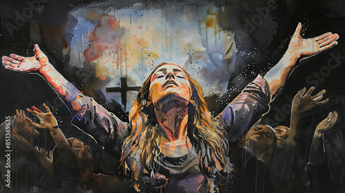 watercolor abstract illustration of christian woman worship with hands raised on black background. cultural diversity concept © Yin