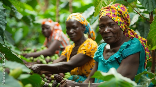 Fairtrade Cocoa Harvest: A group of Ghanaian cocoa farmers in brightly colored clothing use traditional tools to harvest ripe cocoa pods from healthy cocoa trees in a sun-drenched grove.