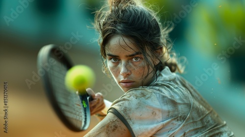 A close-up of a tennis players focused face during a backhand swing their eyes fixed on the incoming ball.  photo