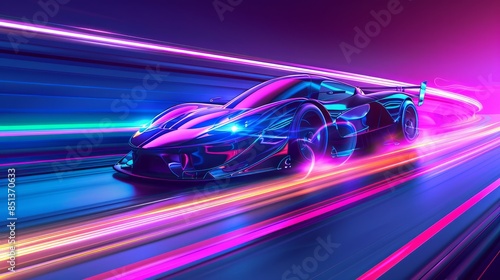 Futuristic Sports Car On Neon Highway. Powerful acceleration of a supercar with colorful lights trails. generative AI. hyper realistic 