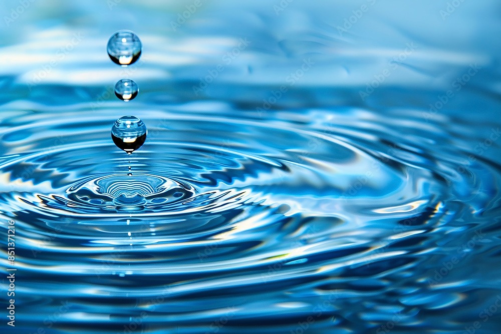 transparent water surface with ripples and patterns of circles with live shot of drop falling on clear water