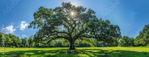 A beautiful tree with lush green leaves, standing tall in the middle of an open field under bright sunlight