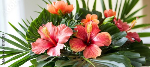 A vibrant tropical wedding floral arrangement featuring hibiscus flowers and palm leaves, perfect for adding a touch of exotic elegance to your special day