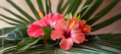 A vibrant tropical wedding floral arrangement featuring hibiscus flowers and palm leaves, perfect for adding a touch of exotic elegance to your special day