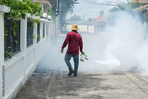 Village legal entity employees are spraying mosquito repellent.