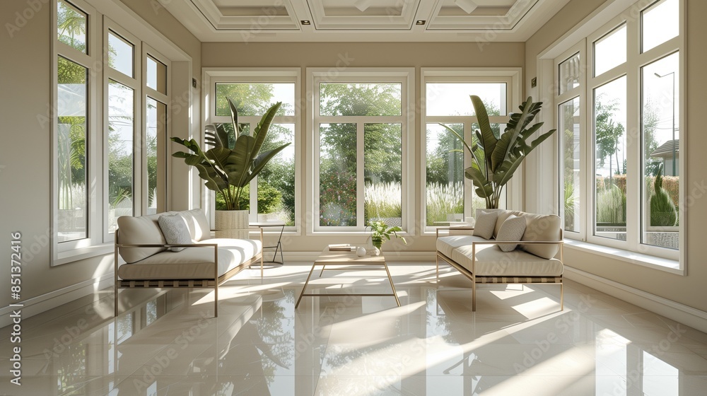 Fototapeta premium A sunroom with a clean, minimalist design, featuring simple furniture, neutral colors, and large windows allowing an abundance of natural light