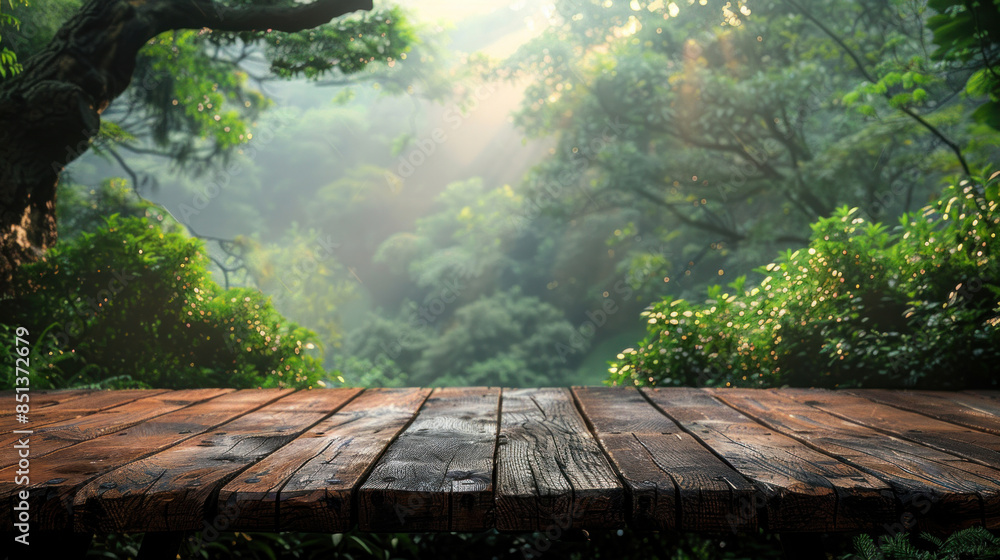 Empty of wooden table set against a lush green nature background. Empty of wooden table set against a lush green nature background.