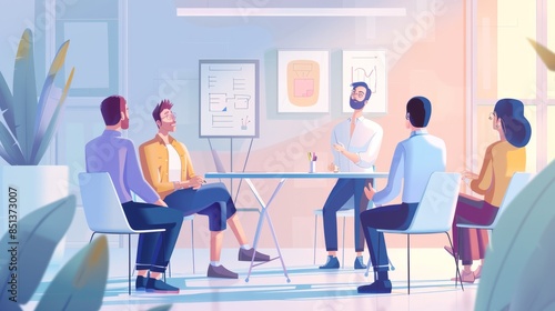 a group of employees are sitting in a meeting and listening to what their boss is saying about business in the organization in the small meeting room, generative AI hyper realistic 