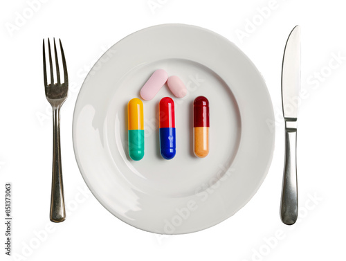 a plate with pills on it and a fork and knife