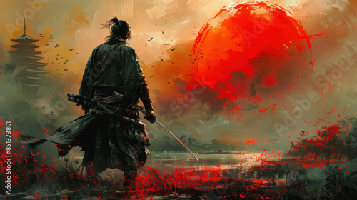 A japanese Samurai Warrior encircled, with a brilliant red sun behind, reflecting tradition and strength. japanese samurai.