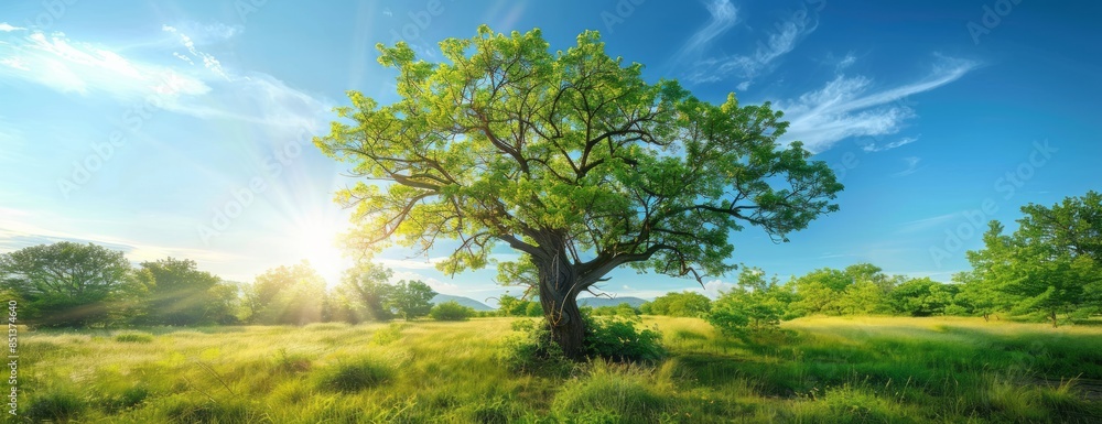 A beautiful tree with lush green leaves stands in the center of an idyllic meadow, illuminated by sunlight filtering through its branches A beautiful tree with lush green leaves stands in the center of an idyllic meadow, illuminated by sunlight filtering through its branches