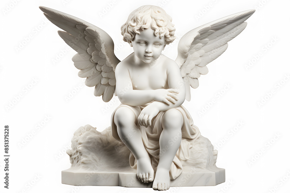 White marble statue of sitting cherub, isolated on white background White marble statue of sitting cherub, isolated on white background