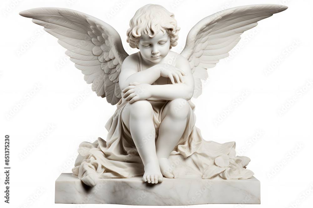 White marble statue of sitting cherub, isolated on white background White marble statue of sitting cherub, isolated on white background