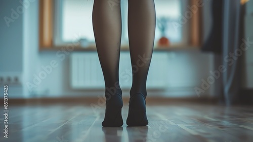 Close-up of a person standing on toes in black stockings on a wooden floor inside a cozy, modern home, focusing on legs and feet.