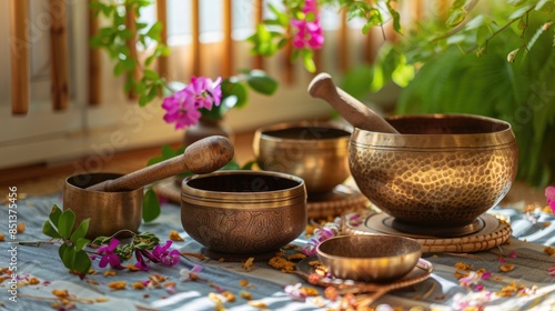 India Wellness. Set of Tibetan Singing Bowl for Meditation, Yoga, and Sound Therapy photo