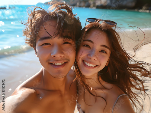 a couple on a beach, smiling and posing for a picture. They are standing on a sandy beach with the ocean in the background. © wcirco