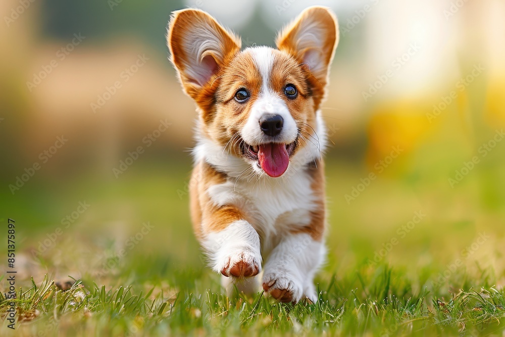 A corgi puppy running through a grassy field, ears flopping and tongue hanging out. The background shows a bright, sunny day A corgi puppy running through a grassy field, ears flopping and tongue hanging out. The background shows a bright, sunny day