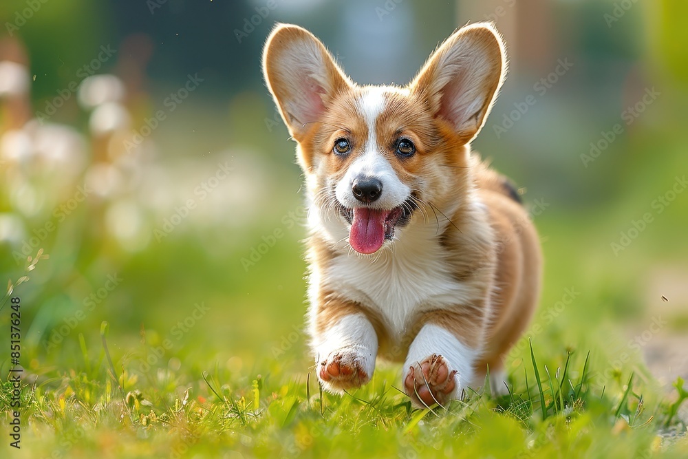 A corgi puppy running through a grassy field, ears flopping and tongue hanging out. The background shows a bright, sunny day 