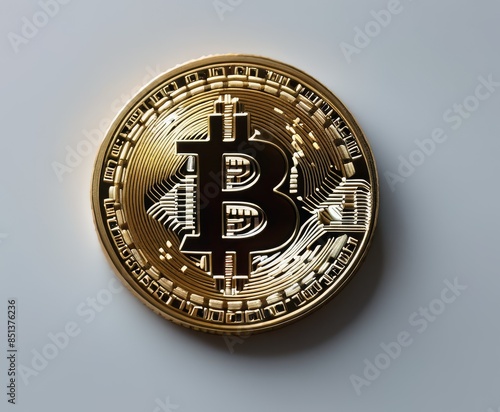 High-resolution close-up of a single Bitcoin coin on a grey background, emphasizing the intricate design and significance of digital currency in the financial world.. AI Generation