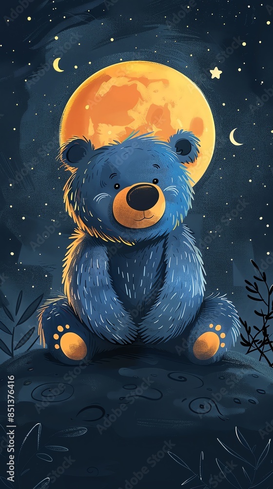 Fototapeta premium A blue bear sits lonely on the yellow moon.