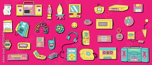90s retro elements set. Bundle of vintage 1990 graphic illustrations of music and games items. Floppy and cd disk, computer, phone, cassette, film and other elements. Nostalgia for y2k, 90s.